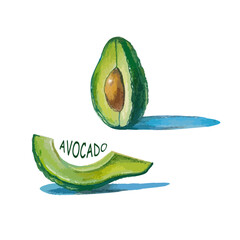 Realistic vector illustration of avocado fruit. Halved avocado with seed and a slice, isolated on white background. Perfect for healthy food design, vegan and organic product branding, restaurant menu