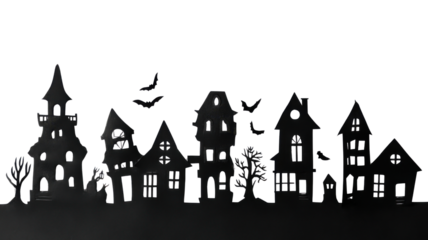 Silhouette of haunted village with spooky houses, bats and eerie trees creating dark Halloween atmosphere and horror night theme on white background
