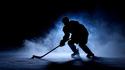 Naklejka premium Silhouette of hockey player on ice in blue mist