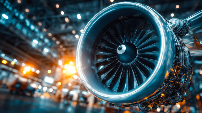 Advanced jet engine displayed in an aerospace manufacturing facility