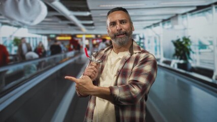 Man holding metal faucet valve and pointing finger while addressing camera in busy airport terminal; repair instruction playful.