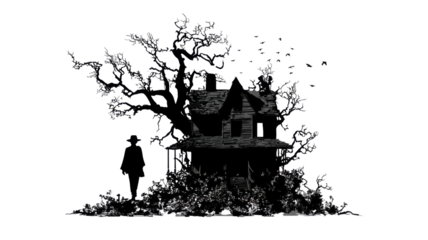 Dark haunted house surrounded by bare trees with spooky mysterious atmosphere perfect for Halloween horror movie poster design on white background
