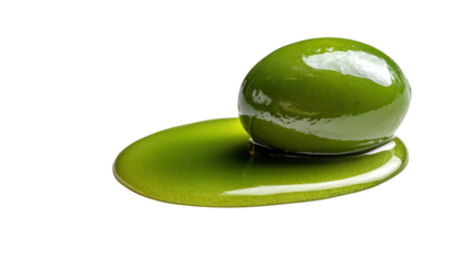 Macro shot of fresh green olive with dripping olive oil symbolizing Mediterranean cuisine healthy food freshness and organic ingredient concept on white background