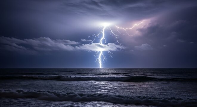 A dramatic lightning strike illuminates the night sky over the ocean, capturing the raw power, beauty, and intensity of a thunderstorm as waves roll beneath the electrifying display of nature.
- Powered by Adobe