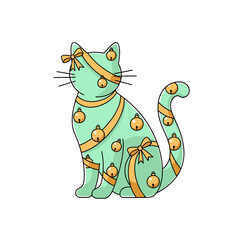 Cartoon cat with ribbons and bells in mint green color  