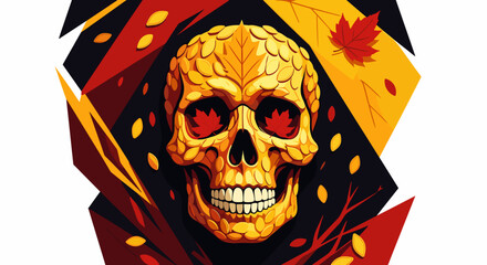Colorful skull illustration surrounded by autumn leaves and geometric shapes  