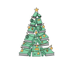 Christmas tree made of stacked books with ornaments and star  