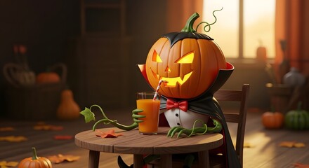 Pumpkin character wearing a cape and drinking juice on Halloween  