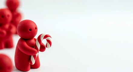 Red clay figure holding a striped candy cane for a minimal Christmas card