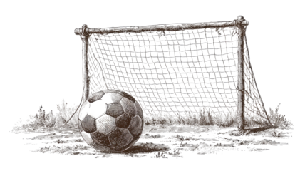 Old soccer ball resting in worn wooden goalpost with grass showing nostalgia retro sports and childhood memories concept on white background