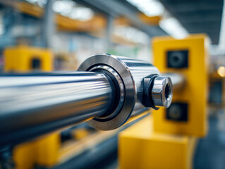 Fototapeta premium High precision metal industrial shaft mounted in bright yellow machining equipment inside a modern manufacturing facility with blurred background