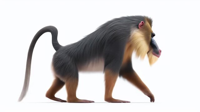 Mandrill Monkey Standing Isolated on White Background.