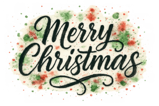 Merry christmas lettering on watercolor texture with red and green speckles, transparent background