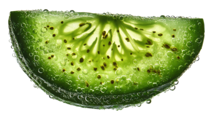 Fresh kiwi fruit slice submerged in sparkling water with bubbles showing freshness health nutrition and tropical beverage concept on white background