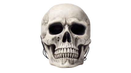 Realistic human skull model front view symbolizing death anatomy and Halloween horror theme for educational or spooky concept design on white background
