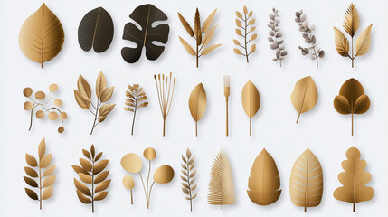 Floral Gold Element set objects sparkle decor social media template white background clip art New Year Christmas winter beauty holidays advertisement decoration shine abstract leaves branch botanical