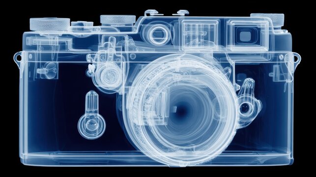 X-ray image of a vintage camera showing detailed inner lens mechanisms and classic photography design