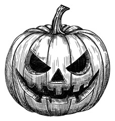 jack-o'-lantern carved halloween pumpkin isolated hand drawn sketch triangular eyes nose jagged smile card design element line art detailed illustration