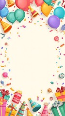 High quality image of colorful party background with balloons, confetti, gifts, and party hats.