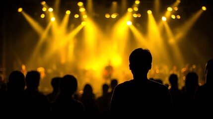 High quality image of silhouette of people in front of stage with illuminated yellow spotlights.