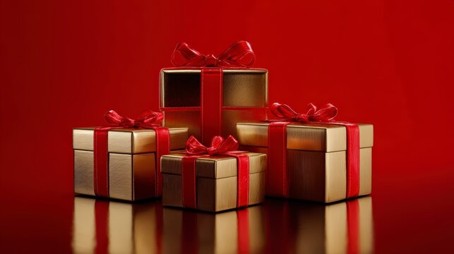 gift boxes with red ribbons on red background