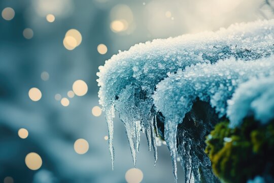 Close-up of sparkling snow and sharp icicles on a surface. Soft, glowing bokeh lights shimmer beautifully in the chilly background.