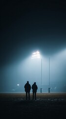 High quality image of two people standing on a field at night with stadium lights.