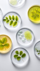 High quality image of various green plant leaves in petri dishes isolated on white background.