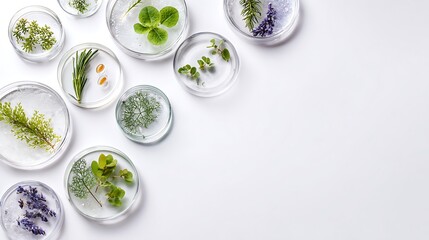High quality image of various plants in petri dishes on white background with copy space.
