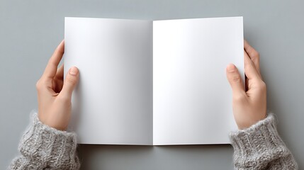 High quality image of woman holding an open blank brochure mockup on gray background, top view.