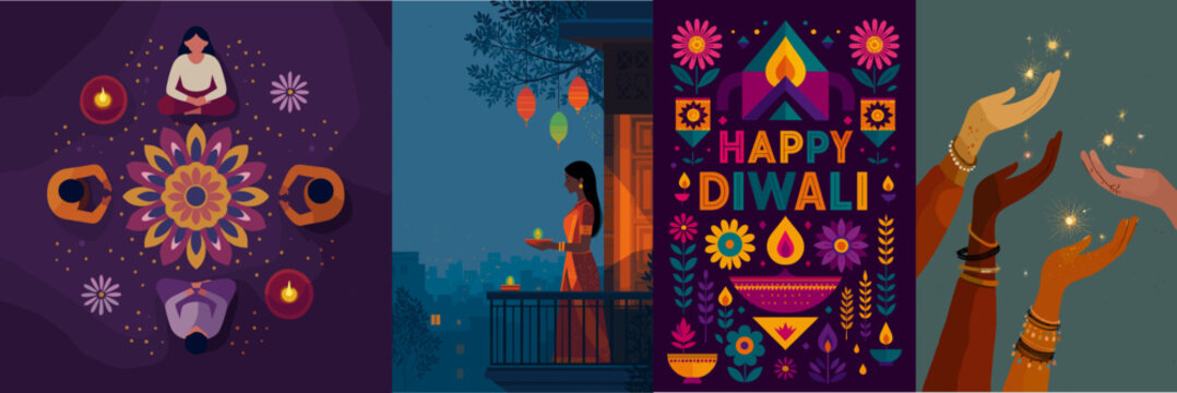 Happy Diwali Illustration Set. A vibrant collection of illustrations celebrating Diwali, the Festival of Lights. Vector graphics for cards, posters, and designs.