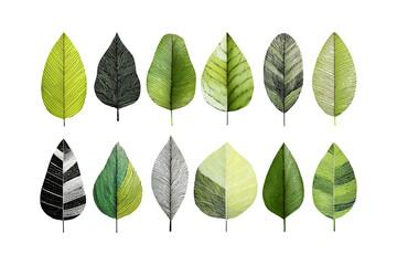 Obraz premium Collection of diverse green and metallic leaf textures and shapes symbolizing nature and design inspiration isolated on transparent background