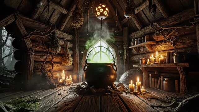 A wooden hut interior with a cauldron emitting green smoke, lit by candles and a lantern