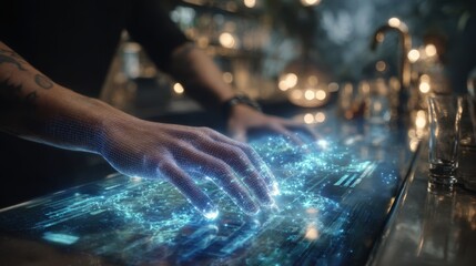 Abstract person using holographic system. A representation of future communication and control.