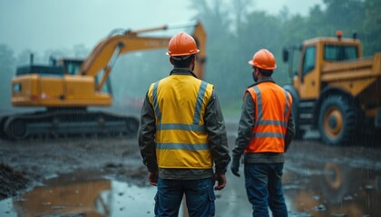 Construction workers in rain gear and safety vests stand near excavators and dump trucks on a muddy site. Heavy rain falls on workers and equipment during outdoor project.