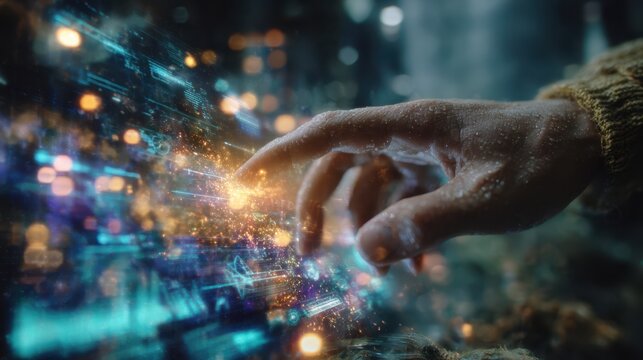 Faceless operator interacting with holographic interface. A futuristic concept of technology and AI.