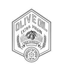 Olive oil and branch of trees logo. Organic vegetarian product in bottle. Green plant badge emblem patch sticker. Engraved hand drawn in old vintage sketch. Vector illustration.