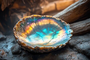 Naklejka premium A stunning iridescent abalone shell displaying a vibrant spectrum of nacre colors, resting on dark earth beside aged wood.