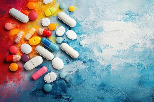 Colorful assortment of pills and capsules on a vibrant, artistically painted background