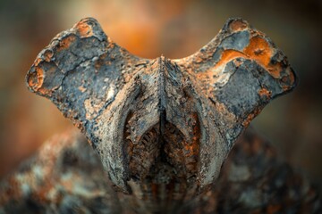 Close-up of a heavily textured, weathered surface, showcasing vibrant orange rust and dark, eroded areas. Abstract patterns evoke decay and rugged beauty.