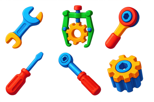 Vibrant Tool Icons. 3D icon set of mechanical tools: wrench, gear puller, ratchet, screwdriver, torque wrench, socket gear. A set