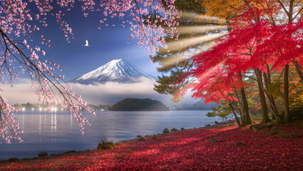 Illustration of Mount Fuji with cherry blossoms and autumn foliage by the lake at sunrise, depicting Japan’s seasonal beauty in a vibrant and serene landscape