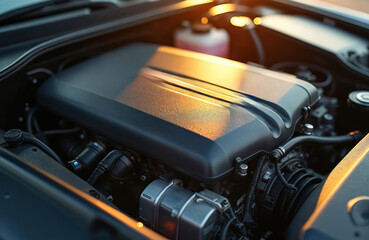 Obraz premium Detailed view of a powerful H2 engine. Modern automotive technology showcases clean fuel cell innovation. This image represents sustainable transportation and future power solutions.