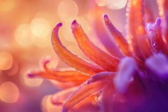 Vibrant orange and purple flower petals, glistening with tiny dew drops, showcased in a dreamy macro shot against a bokeh backdrop.