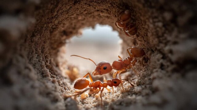 Macro shot of ants exploring their nest entrance in the sand