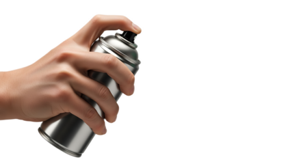 A hand holding a silver spray paint can against a black background ready to spray paint something