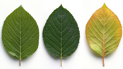 Three leaves of a tree, one green, one yellow, and one red. The green leaf is the largest and the yellow leaf is the smallest