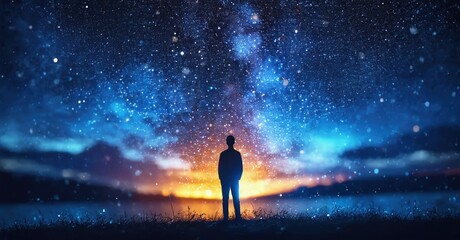 Obraz premium Silhouette views vast starry sky, orange horizon. Person contemplates cosmos, peaceful scene evokes wonder, solitude.