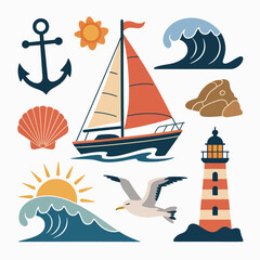 Naklejka premium Nautical summer beach elements collection with sailboat lighthouse and waves