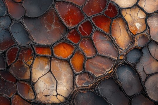Abstract, textured mosaic of irregular polygons with cracked surfaces in earthy red, orange, brown, and grey, defined by dark lines.